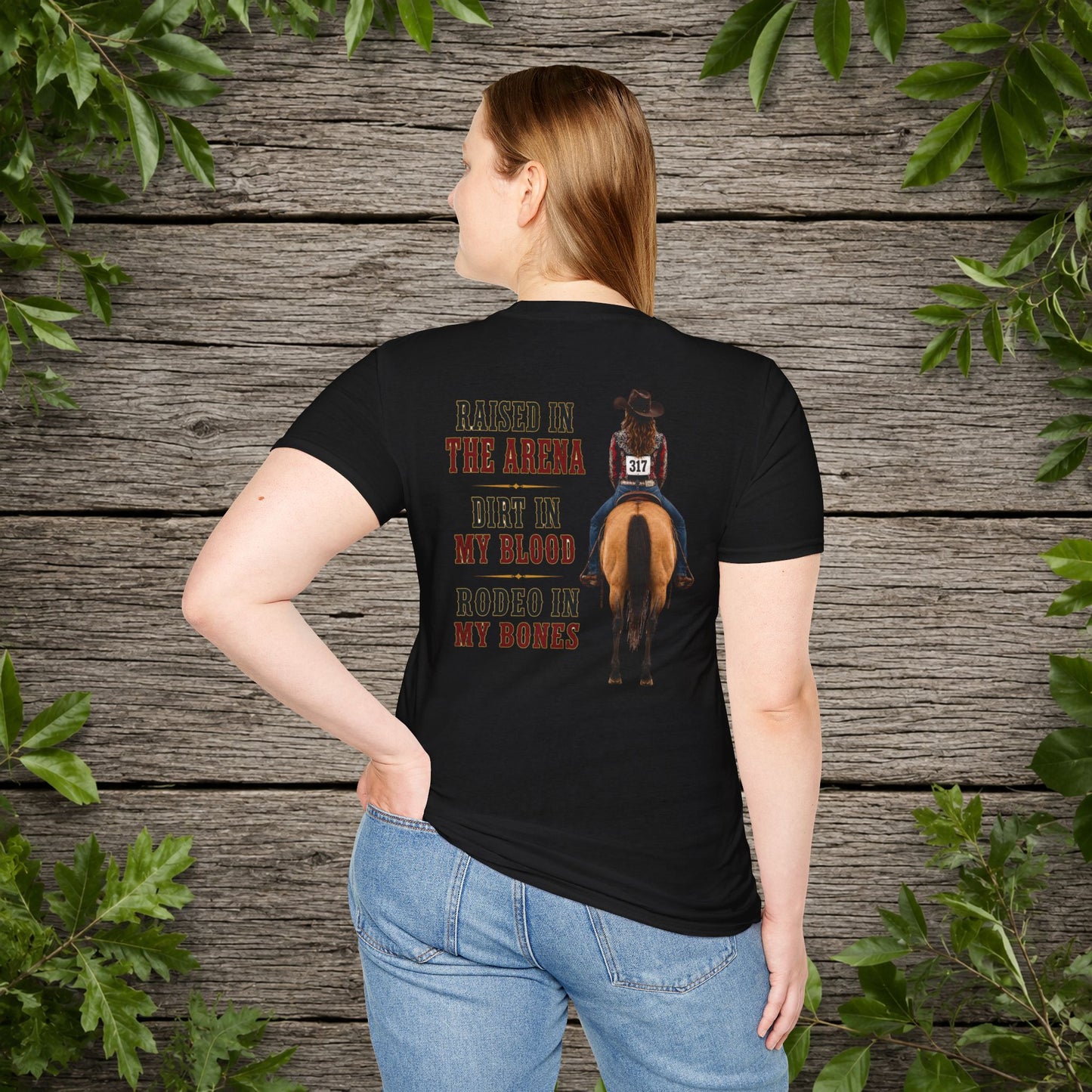 Raised Dirt Rodeo Cowgirl (Back)  Adult T-Shirt