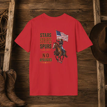 Stars Stripes and Spurs Cowgirl  (Back) Adult T-Shirt