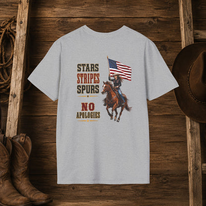 Stars Stripes and Spurs Cowgirl  (Back) Adult T-Shirt