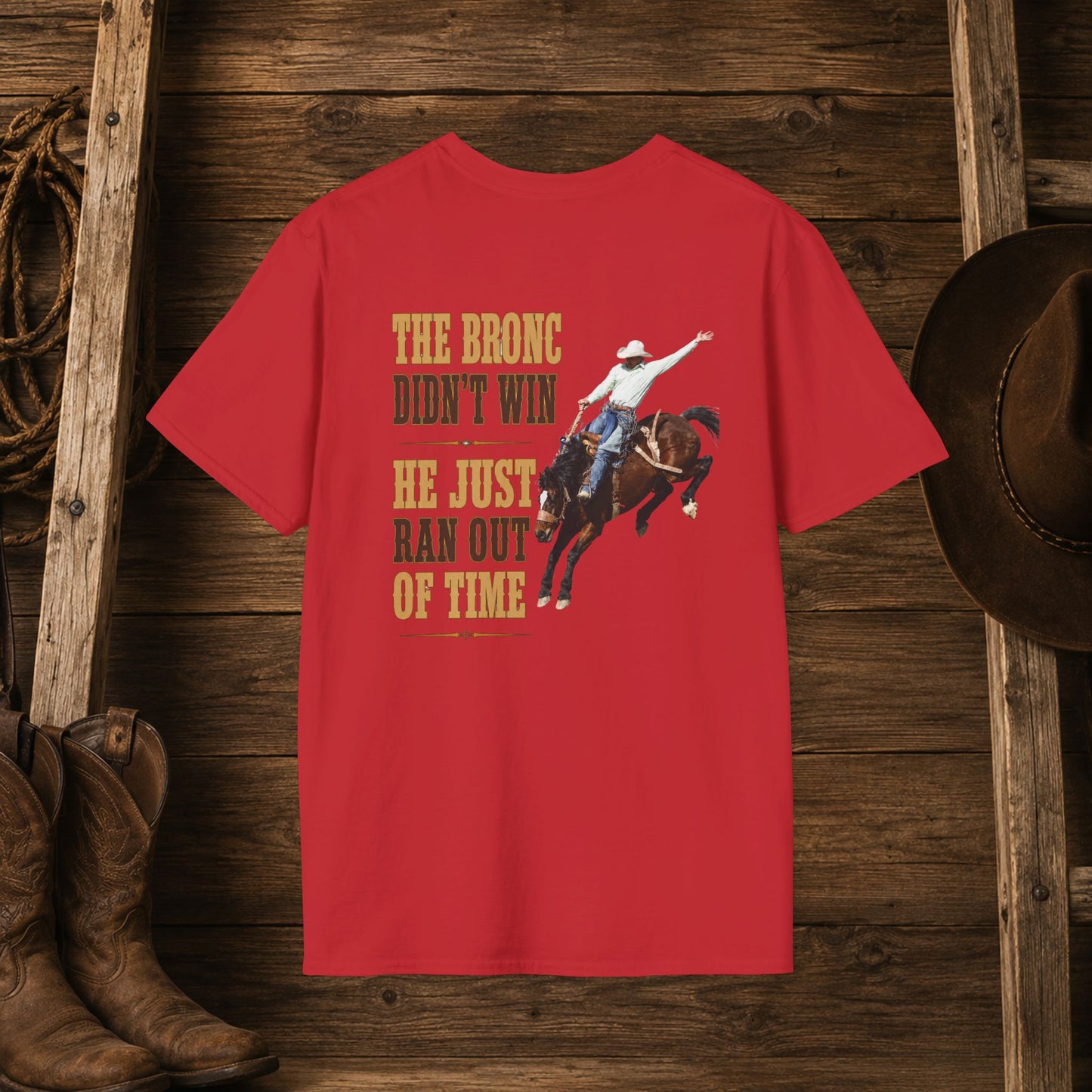 Bronc Ran Out of Time (Back)  Adult T-Shirt