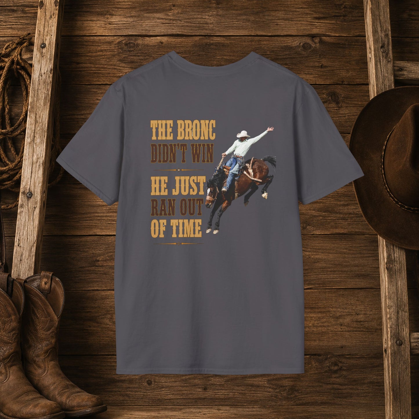 Bronc Ran Out of Time (Back)  Adult T-Shirt