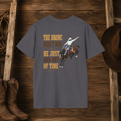 Bronc Ran Out of Time (Back)  Adult T-Shirt