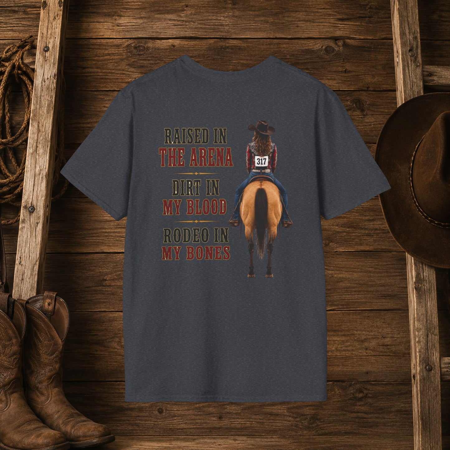 Raised Dirt Rodeo Cowgirl (Back)  Adult T-Shirt