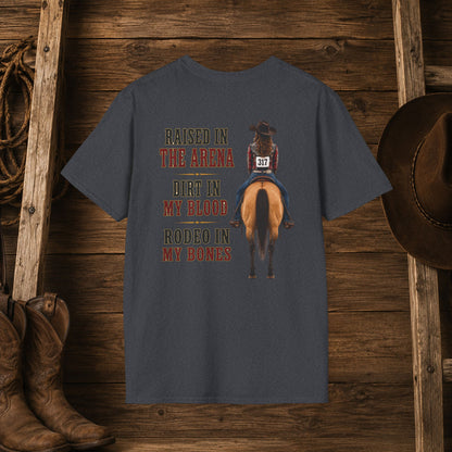 Raised Dirt Rodeo Cowgirl (Back)  Adult T-Shirt