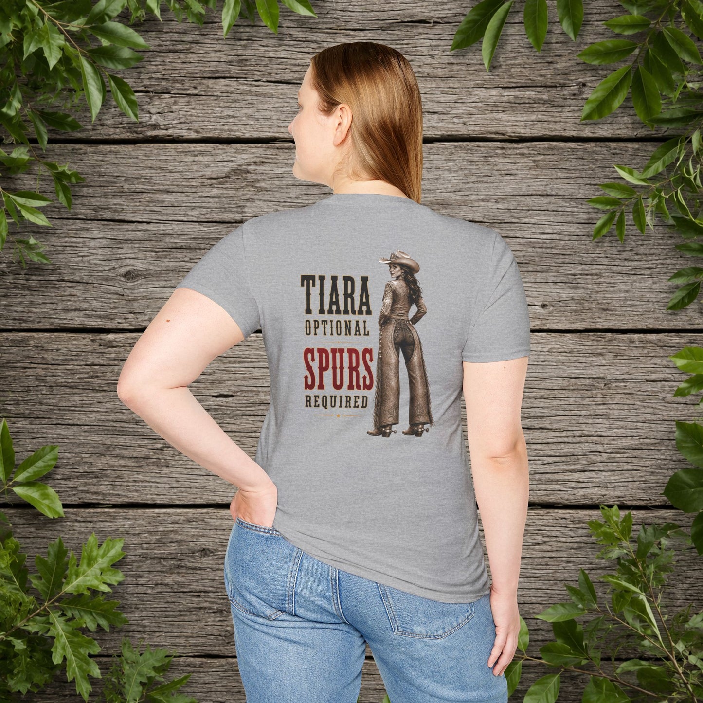 Tiara and Spurs Cowgirl (Back)  Adult T-Shirt