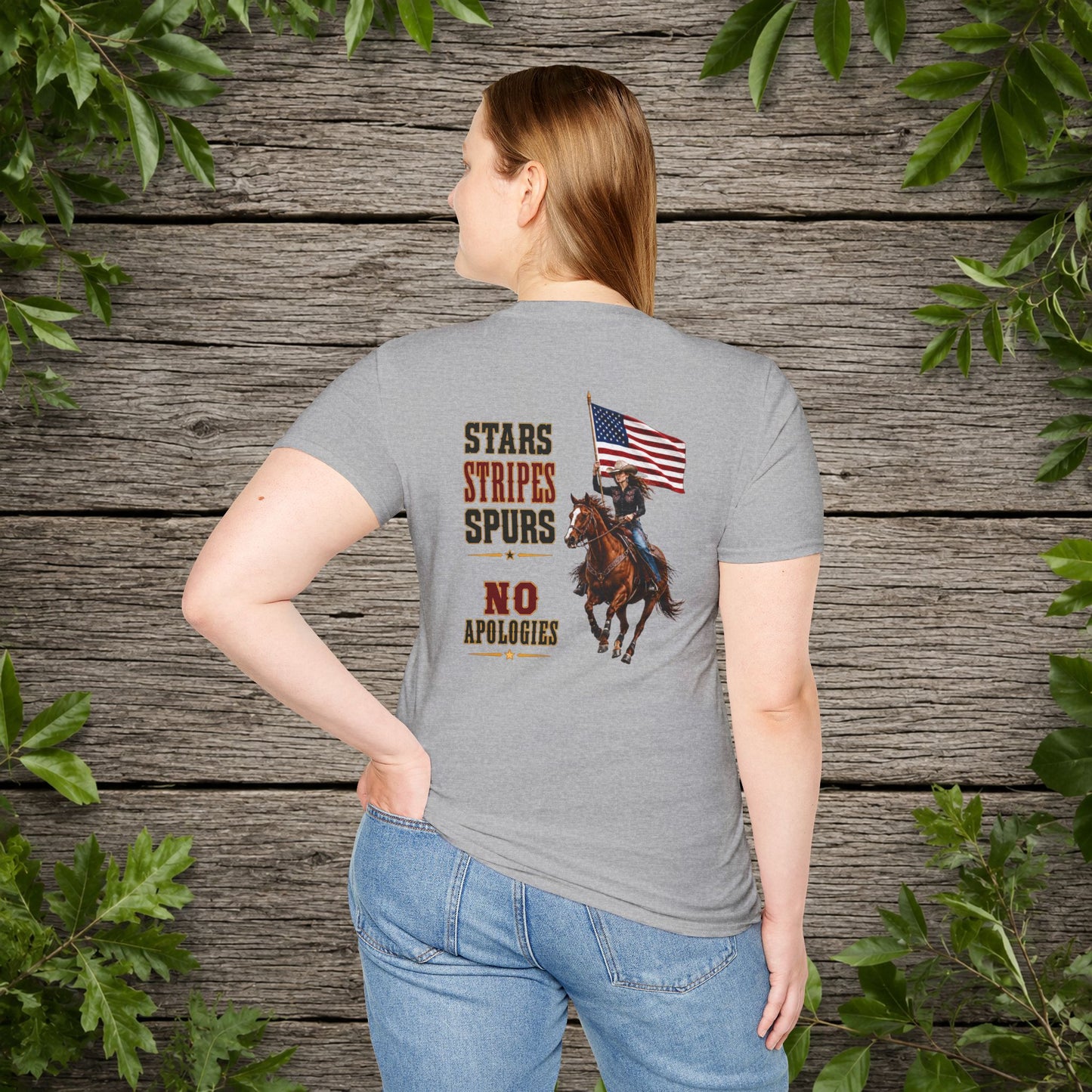 Stars Stripes and Spurs Cowgirl  (Back) Adult T-Shirt