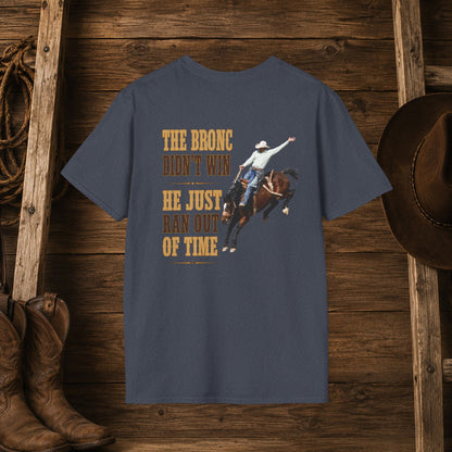 Bronc Ran Out of Time (Back)  Adult T-Shirt