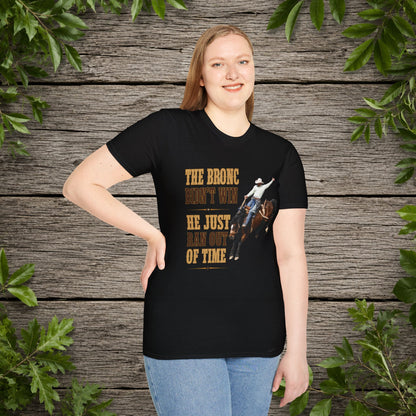 Bronc Ran Out Of Time (Front)  Adult T-Shirt