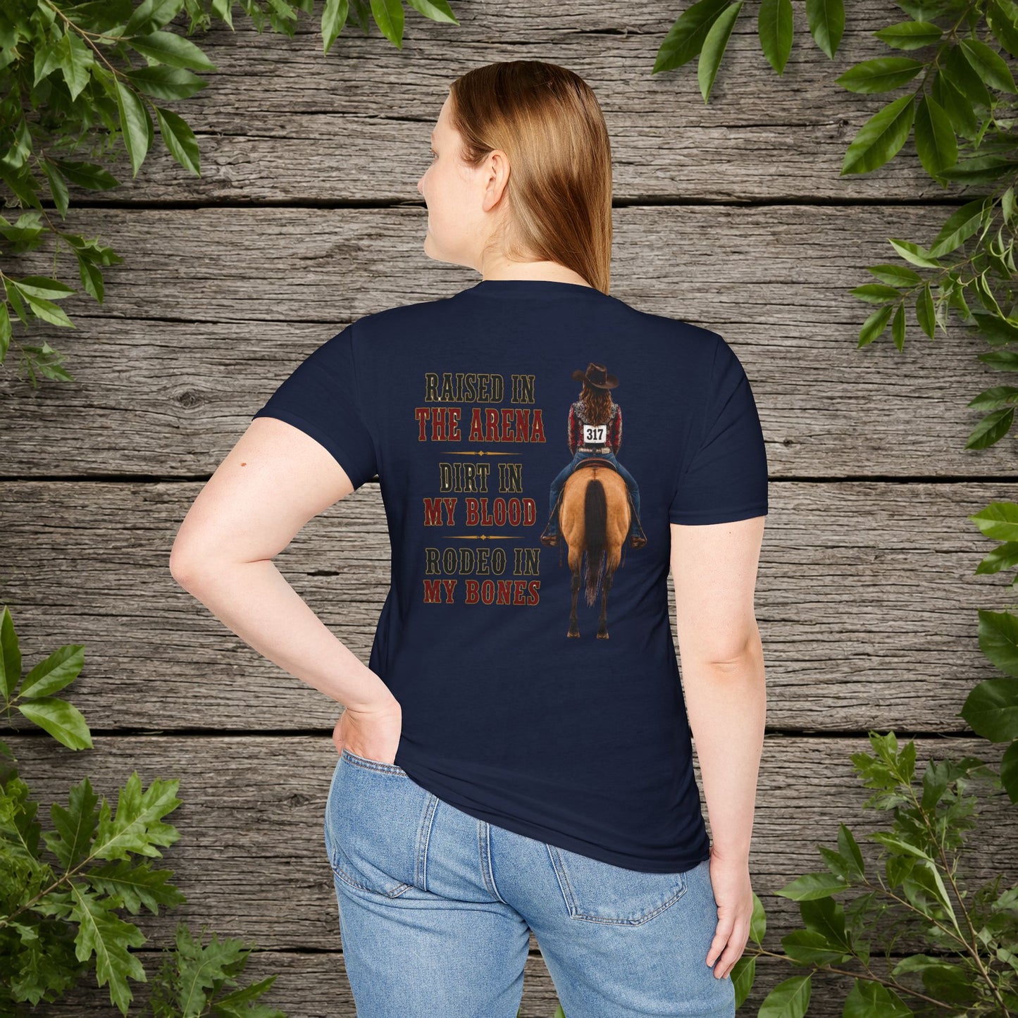 Raised Dirt Rodeo Cowgirl (Back)  Adult T-Shirt