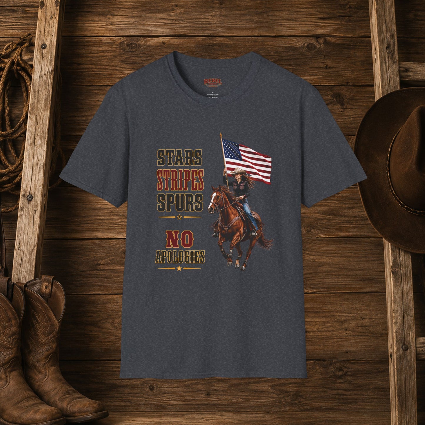 Stars Stripes and Spurs Cowgirl (Front)  Adult T-Shirt