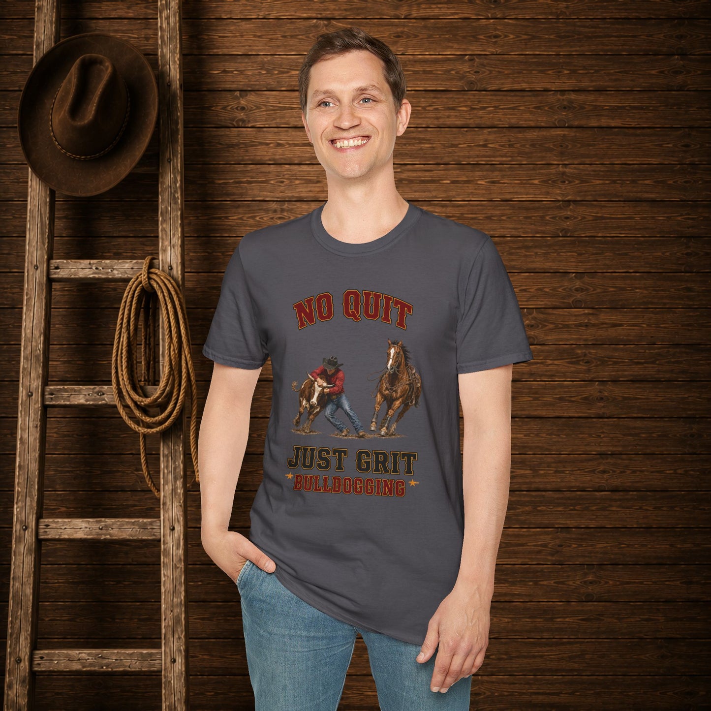 No Quit Bulldogging  Adult T-Shirt