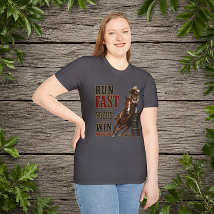 Run Focus Win Cowgirl (Front)  Adult T-Shirt