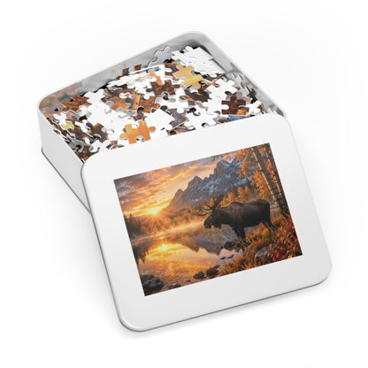Morning Fall Moose  Jigsaw Puzzle with Tin