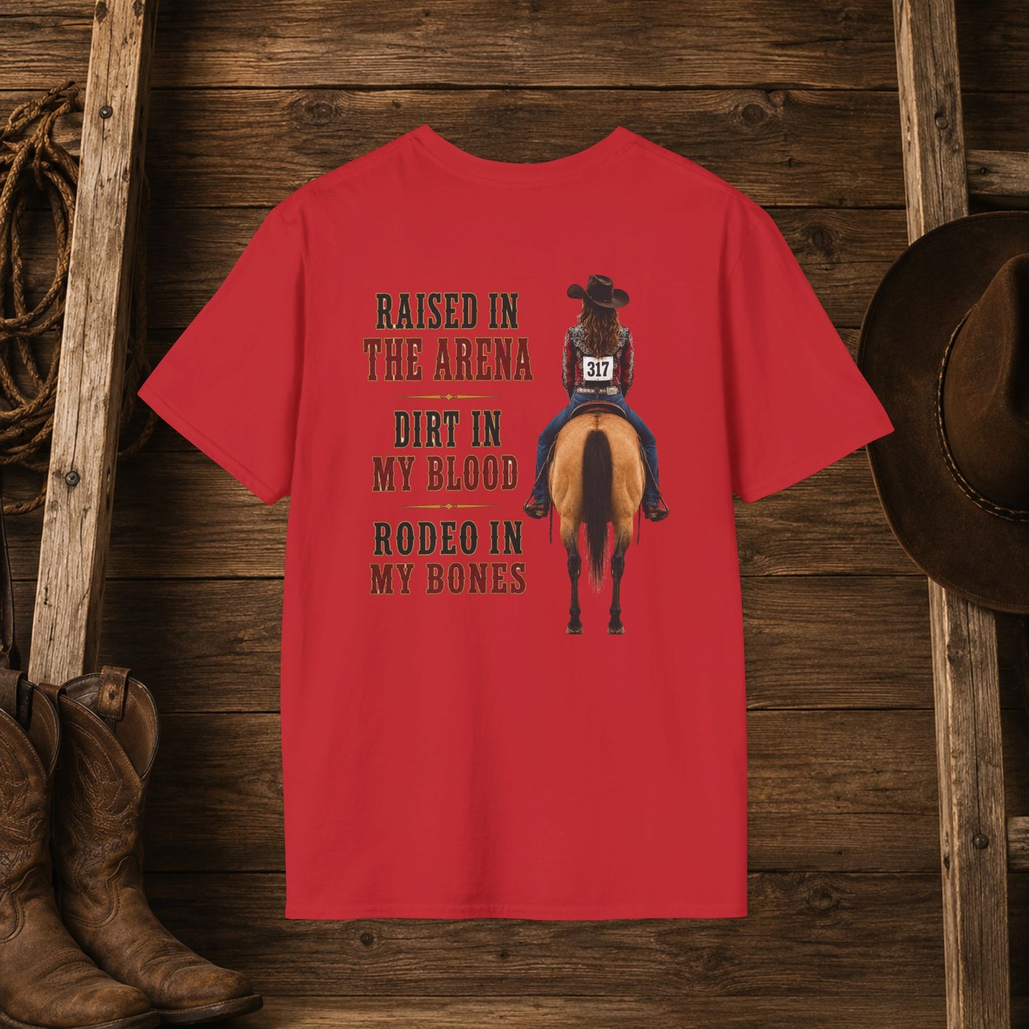 Raised Dirt Rodeo Cowgirl (Back)  Adult T-Shirt