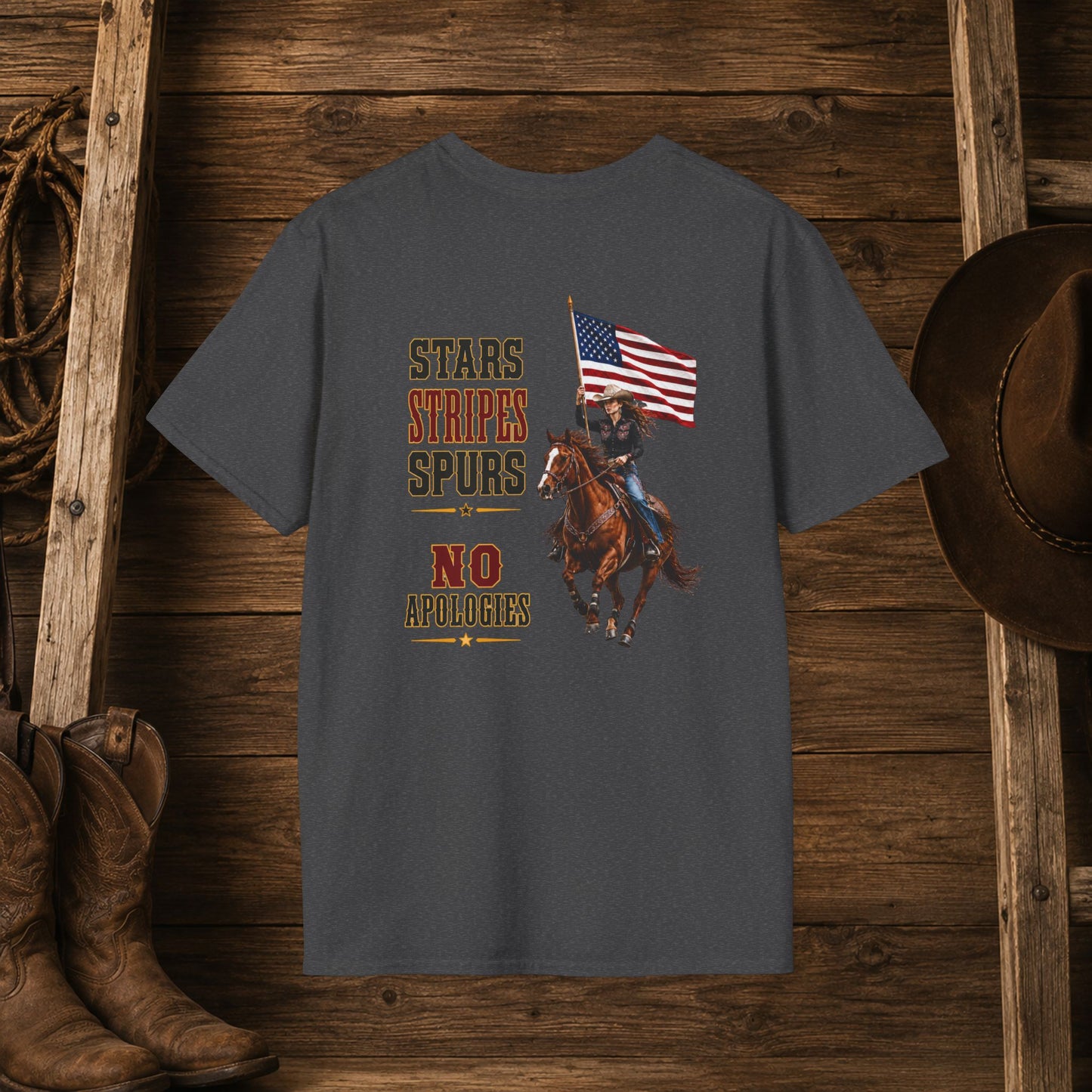 Stars Stripes and Spurs Cowgirl  (Back) Adult T-Shirt