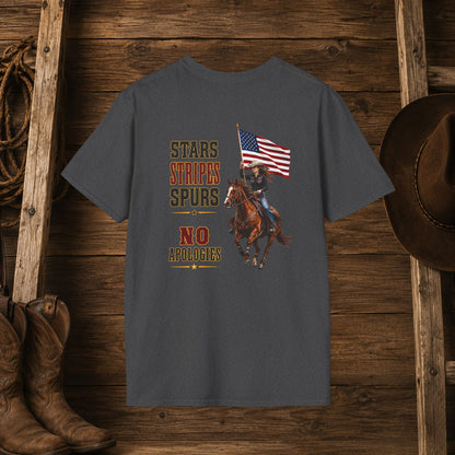 Stars Stripes and Spurs Cowgirl  (Back) Adult T-Shirt