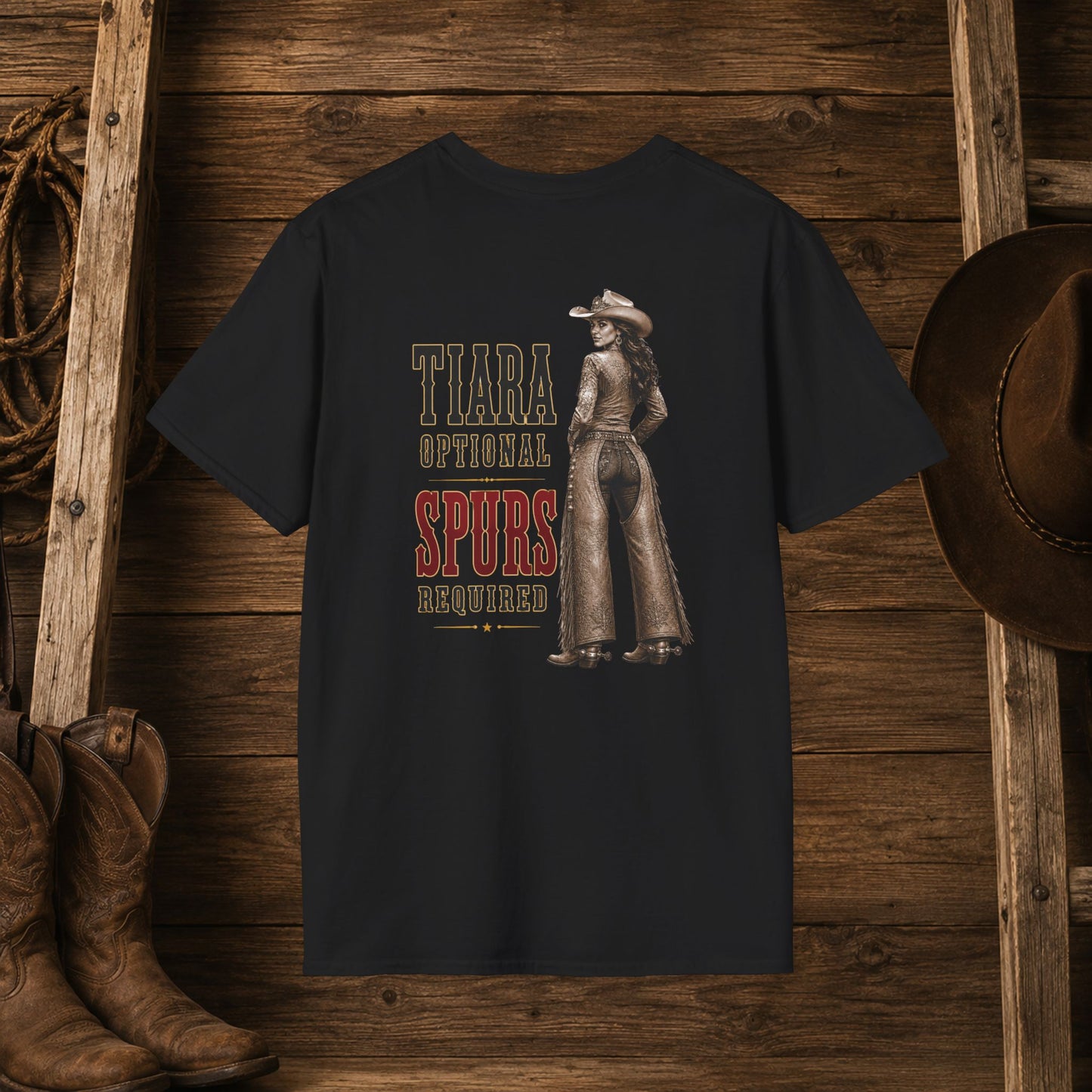 Tiara and Spurs Cowgirl (Back)  Adult T-Shirt