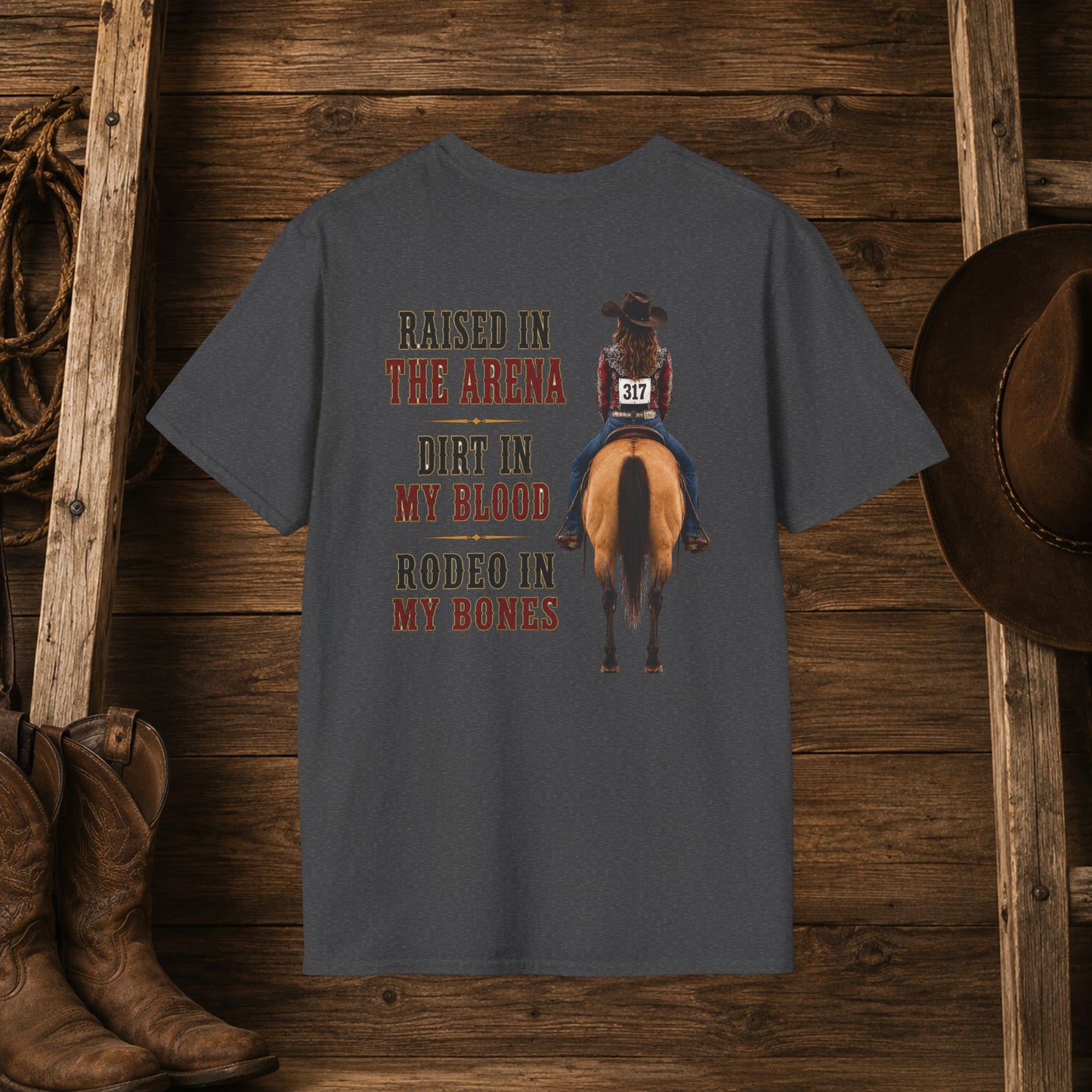 Raised Dirt Rodeo Cowgirl (Back)  Adult T-Shirt