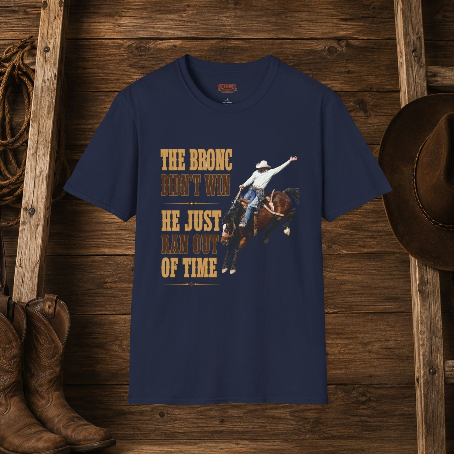 Bronc Ran Out Of Time (Front)  Adult T-Shirt