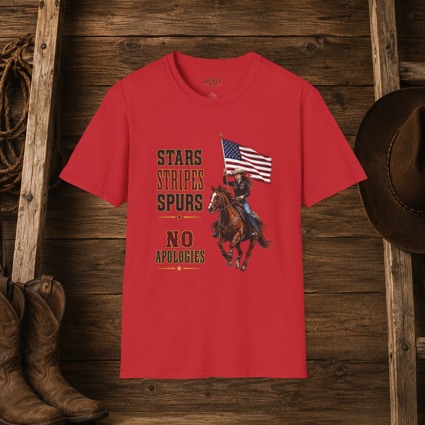 Stars Stripes and Spurs Cowgirl (Front)  Adult T-Shirt
