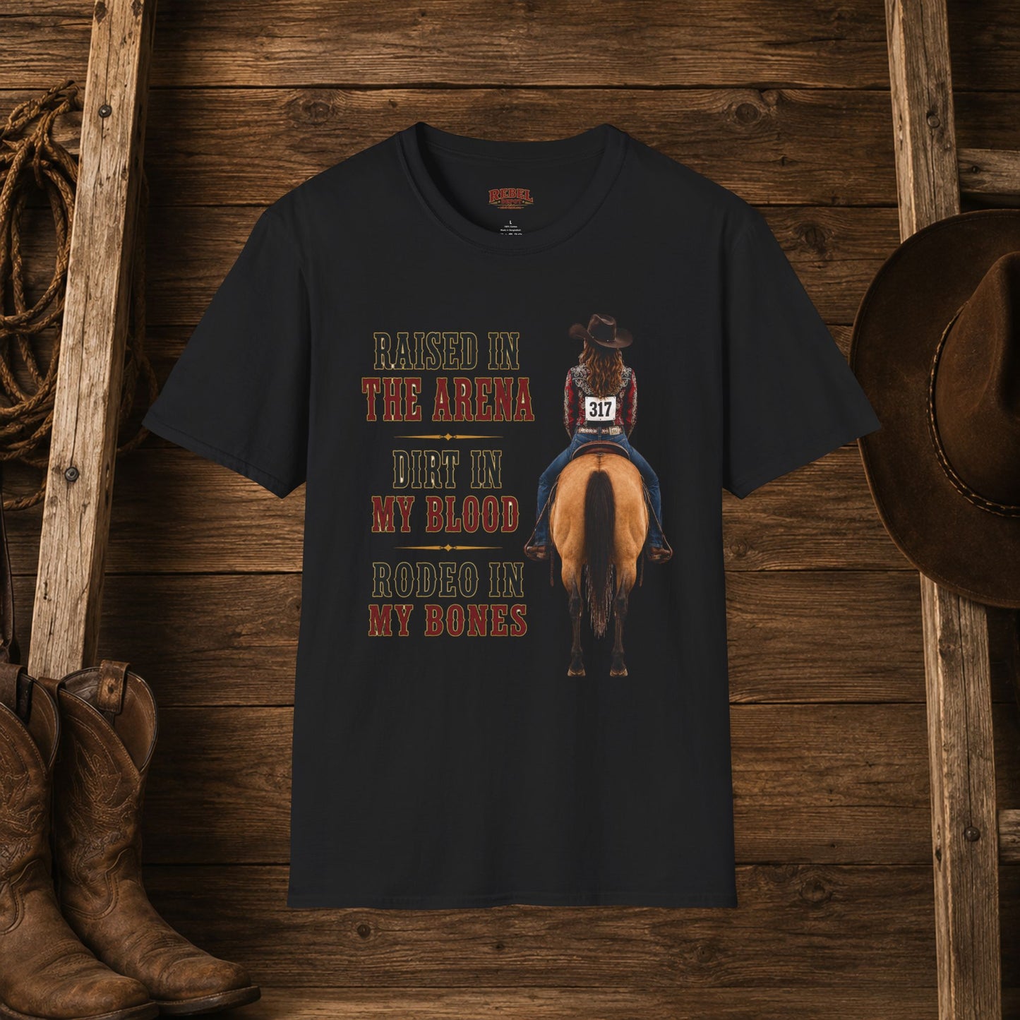 Raised Dirt Rodeo Cowgirl (Front)  Adult T-Shirt