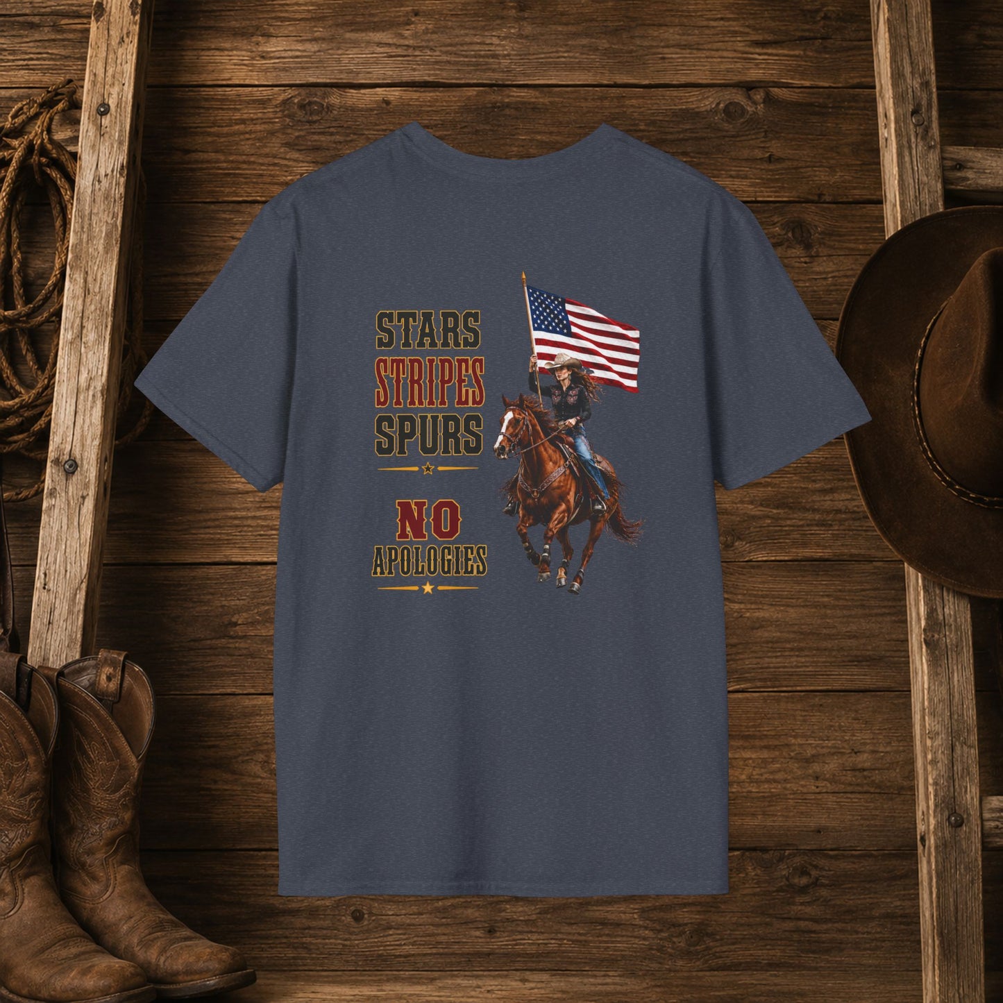 Stars Stripes and Spurs Cowgirl  (Back) Adult T-Shirt