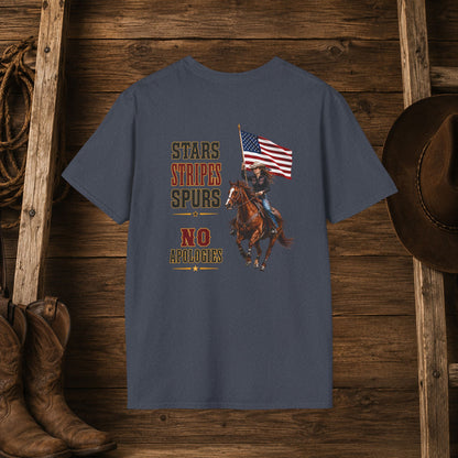 Stars Stripes and Spurs Cowgirl  (Back) Adult T-Shirt