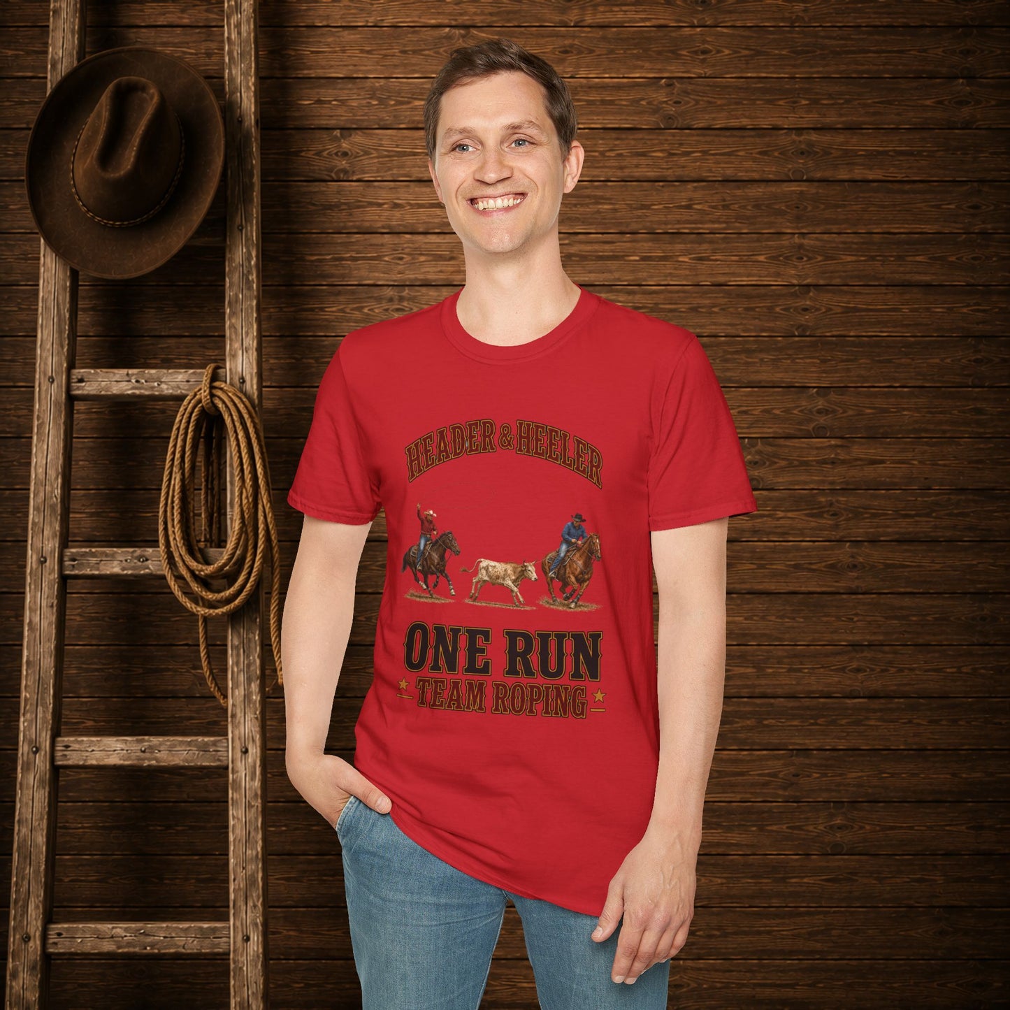 One Run Team Roping  Adult T-Shirt