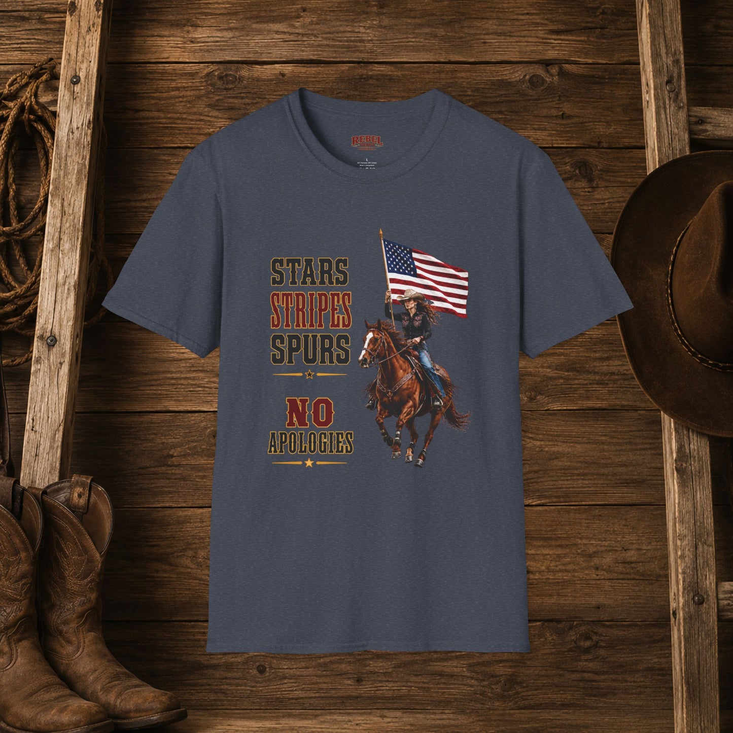 Stars Stripes and Spurs Cowgirl (Front)  Adult T-Shirt