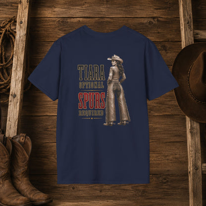 Tiara and Spurs Cowgirl (Back)  Adult T-Shirt