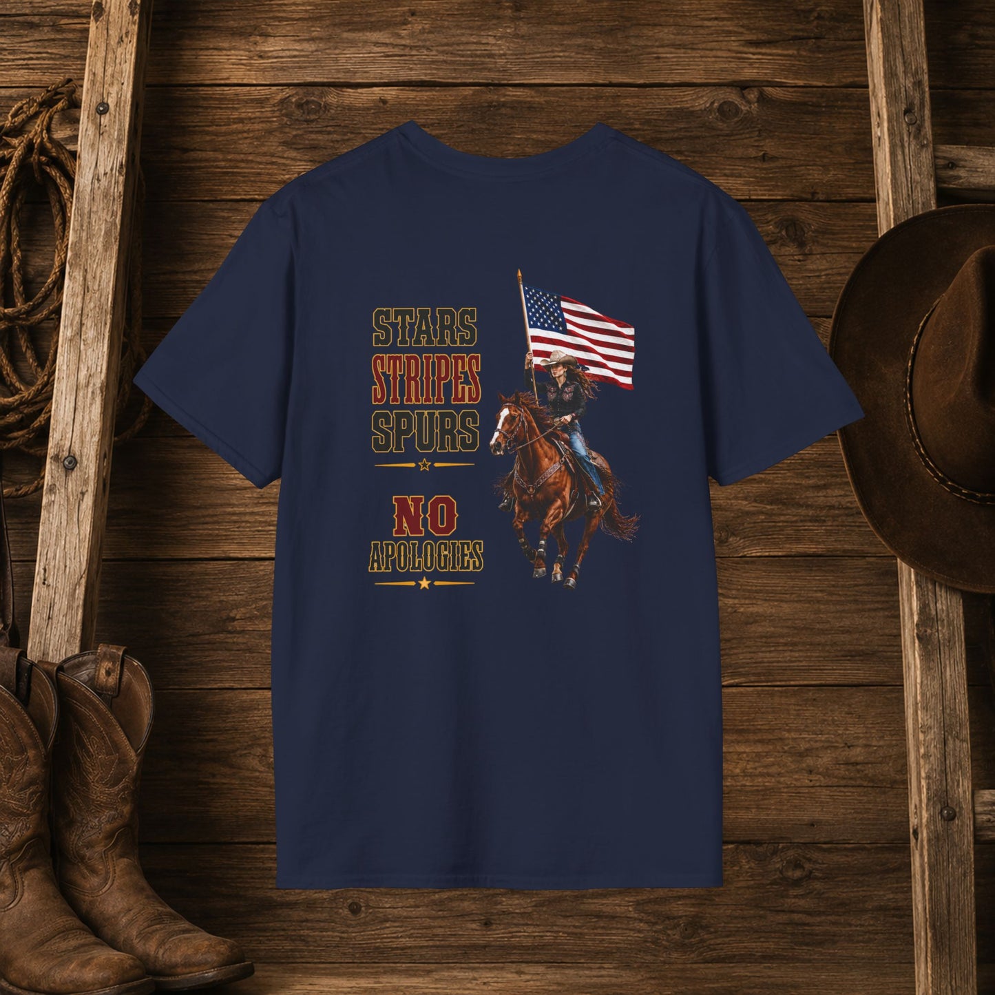 Stars Stripes and Spurs Cowgirl  (Back) Adult T-Shirt