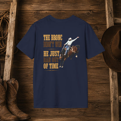 Bronc Ran Out of Time (Back)  Adult T-Shirt