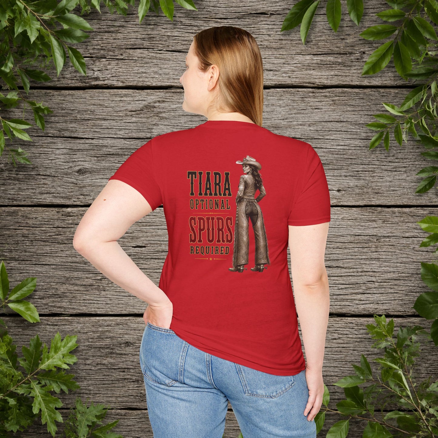 Tiara and Spurs Cowgirl (Back)  Adult T-Shirt