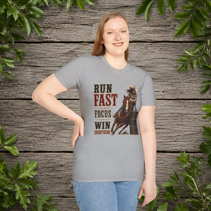 Run Focus Win Cowgirl (Front)  Adult T-Shirt