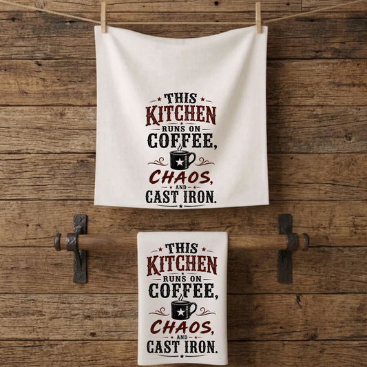Coffee Chaos Cast Iron   Kitchen Tea Towel