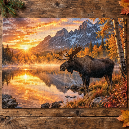 Morning Fall Moose  Jigsaw Puzzle with Tin