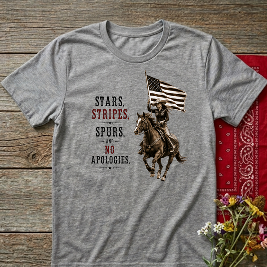 Stars Stripes and Spurs Cowgirl  (Back) T-Shirt